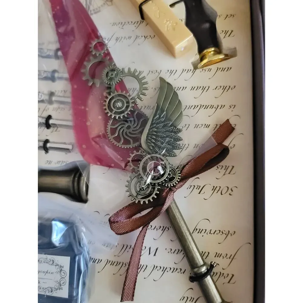 Steampunk Calligraphy Feather Dip Pen Wax Seal Kit Dark Academia Goth Ink Nibs